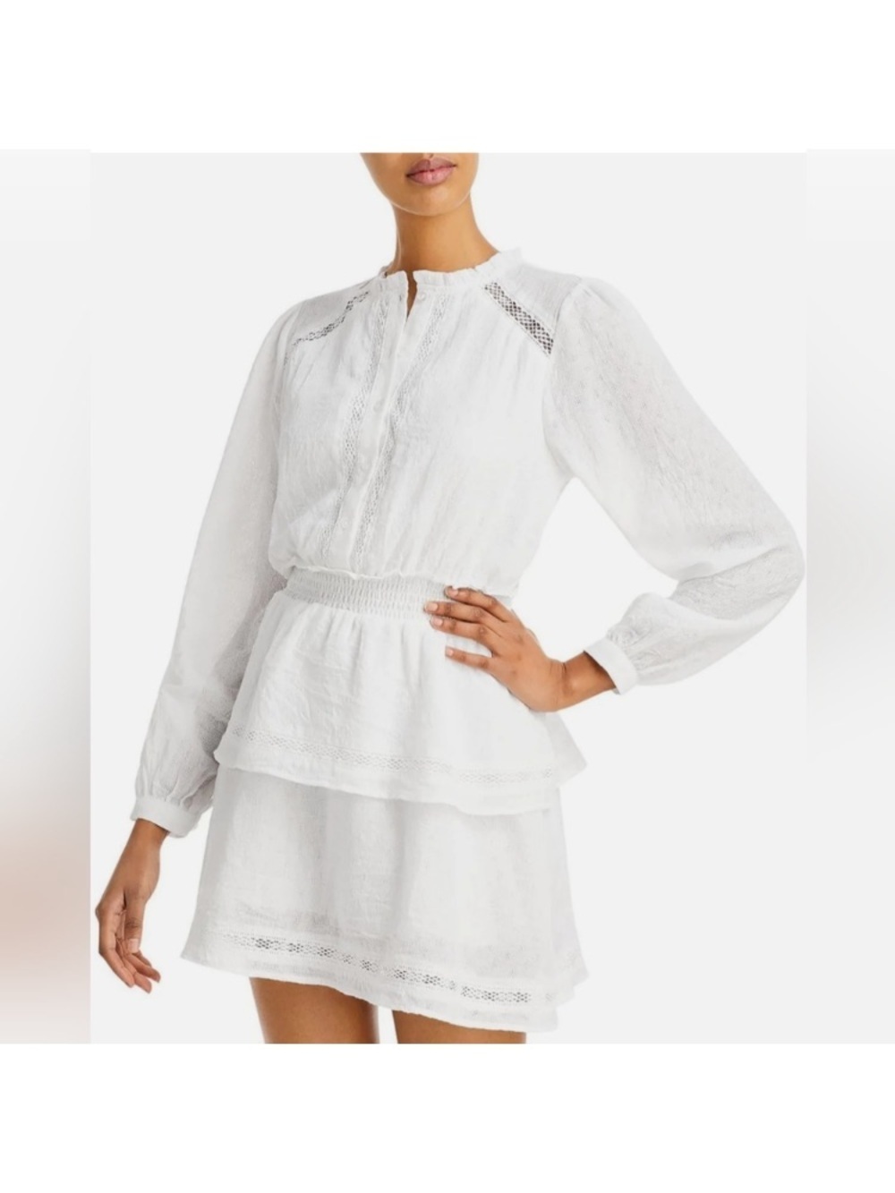 Aqua White Crepe ruffle fit flare top Textured Button-Front Dress 🆕
